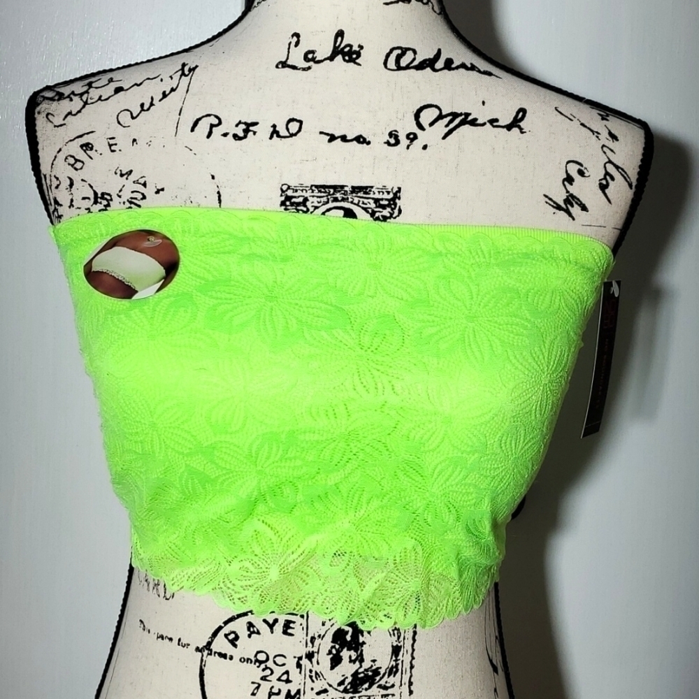 No Boundaries- Bandeau Bra Neon Green Lace Over Lay Removable pads Sz. XXL